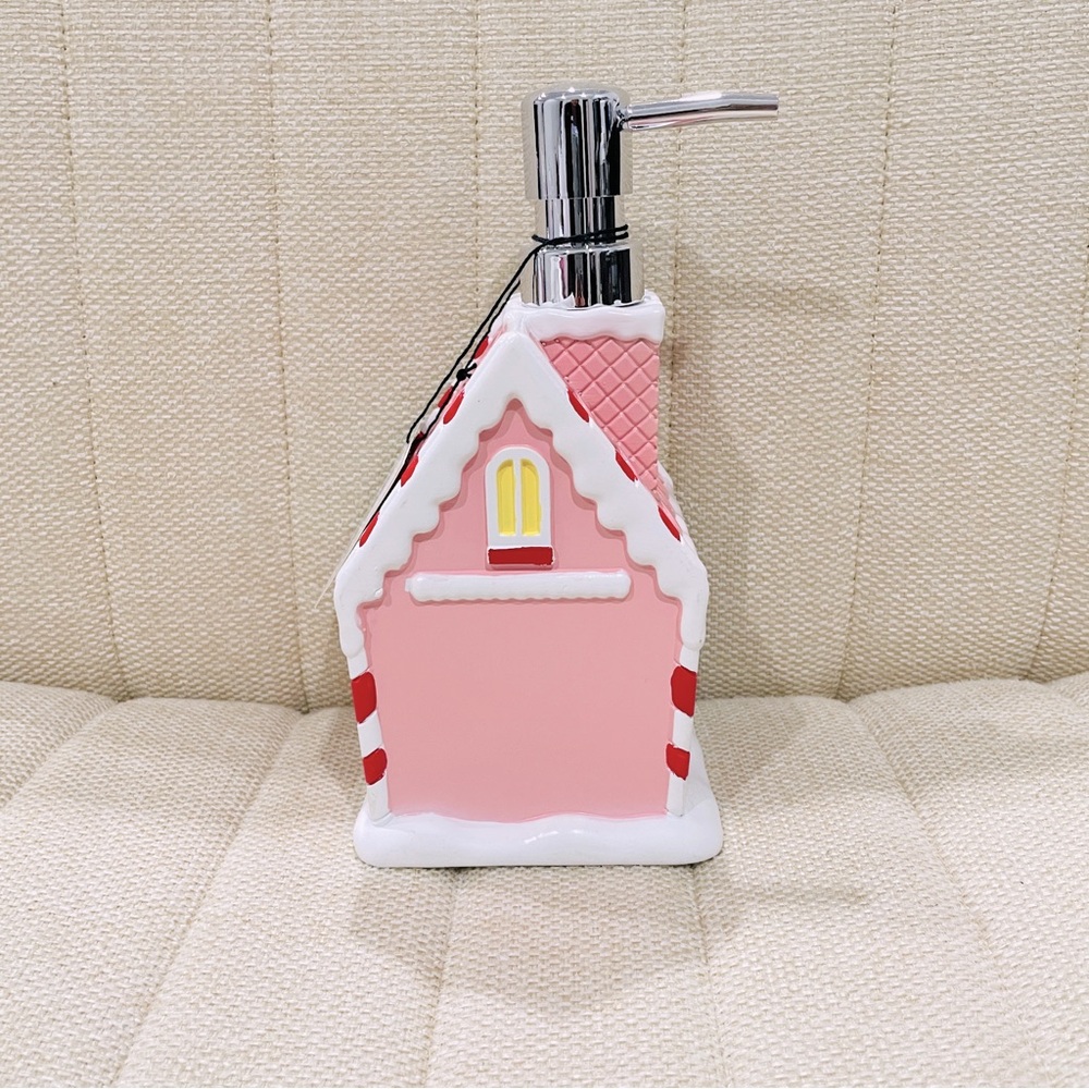 NEW Pink Gingerbread House Soap Dispenser Christmas Snowman Peppermint Decor - Picture 4 of 4